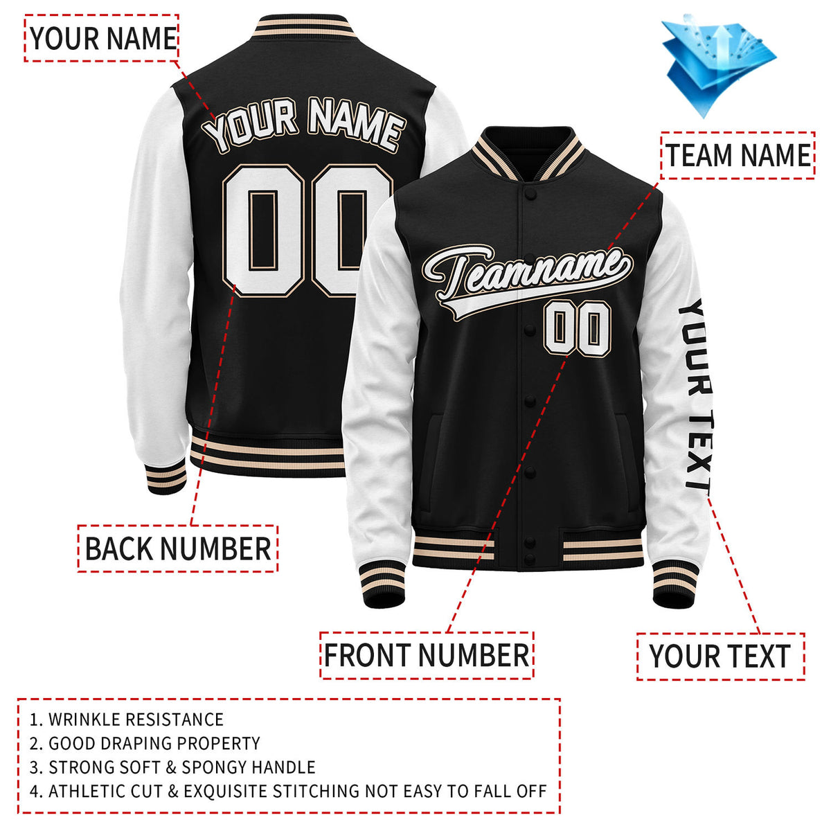 Custom Black White Jacket Personalized Team Name Number Letterman Bomber for Adult & Youth