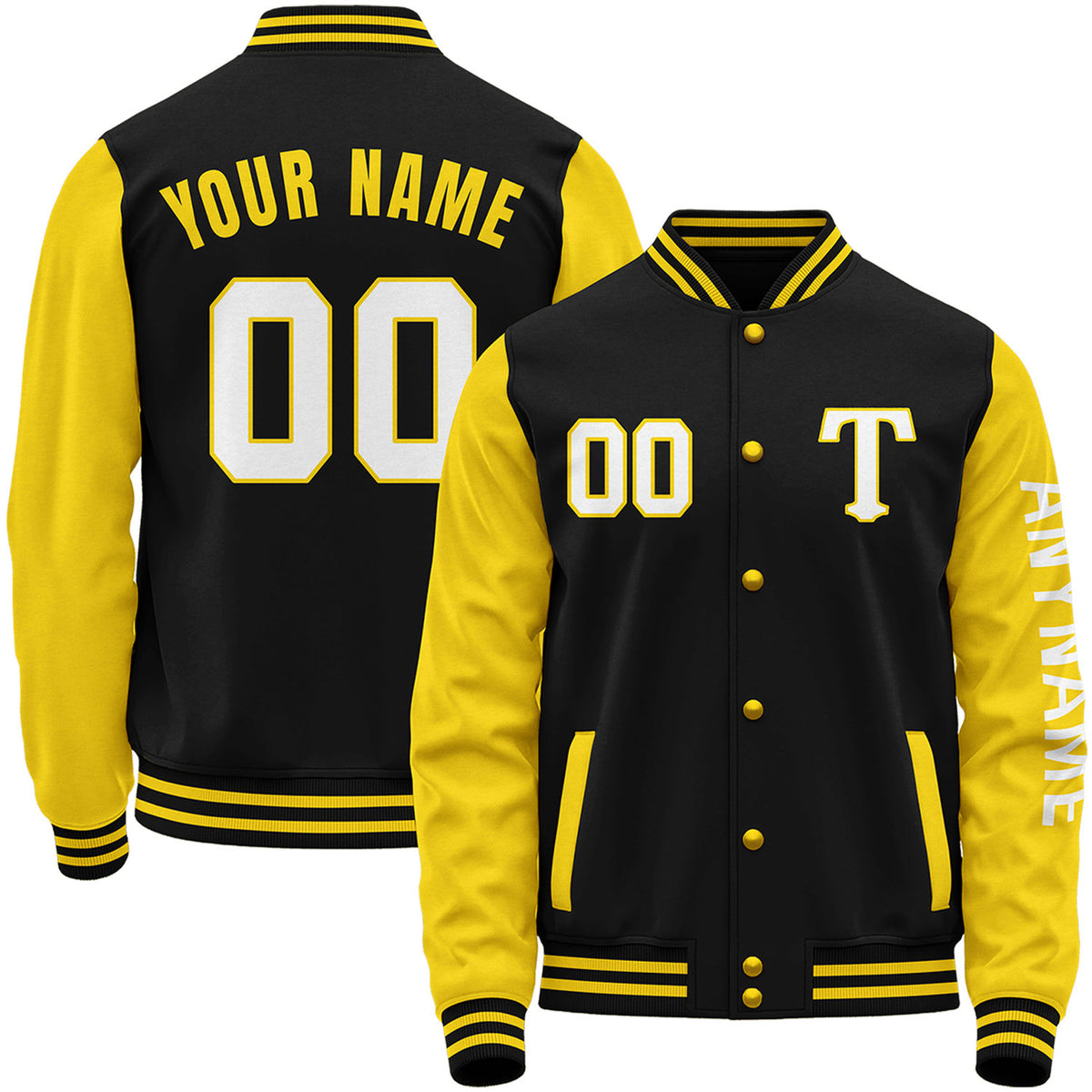 Custom black and yellow baseball jacket for youth teams by Vosoli with stitched name, number and logo. Classic varsity jacket for baseball and casual wear.