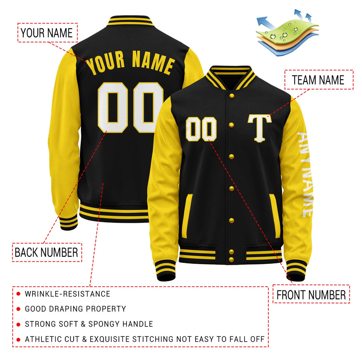 Custom Black & Yellow Varsity Letterman Jacket | Personalized Baseball Bomber Coat for Adult & Youth