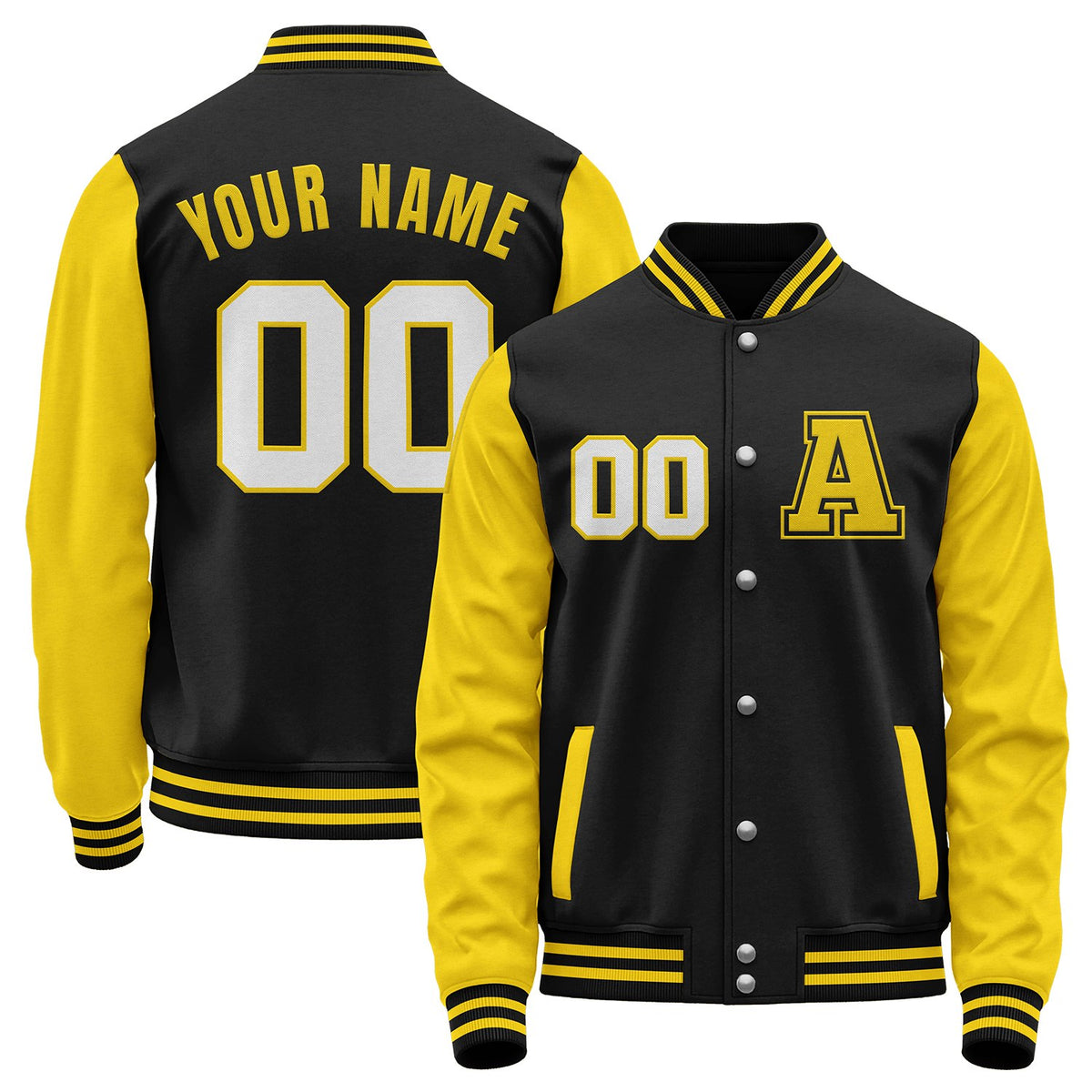 Custom black and yellow baseball team jacket manufacturer by Vosoli with stitched name, number and logo. Classic varsity jacket for baseball and casual wear.