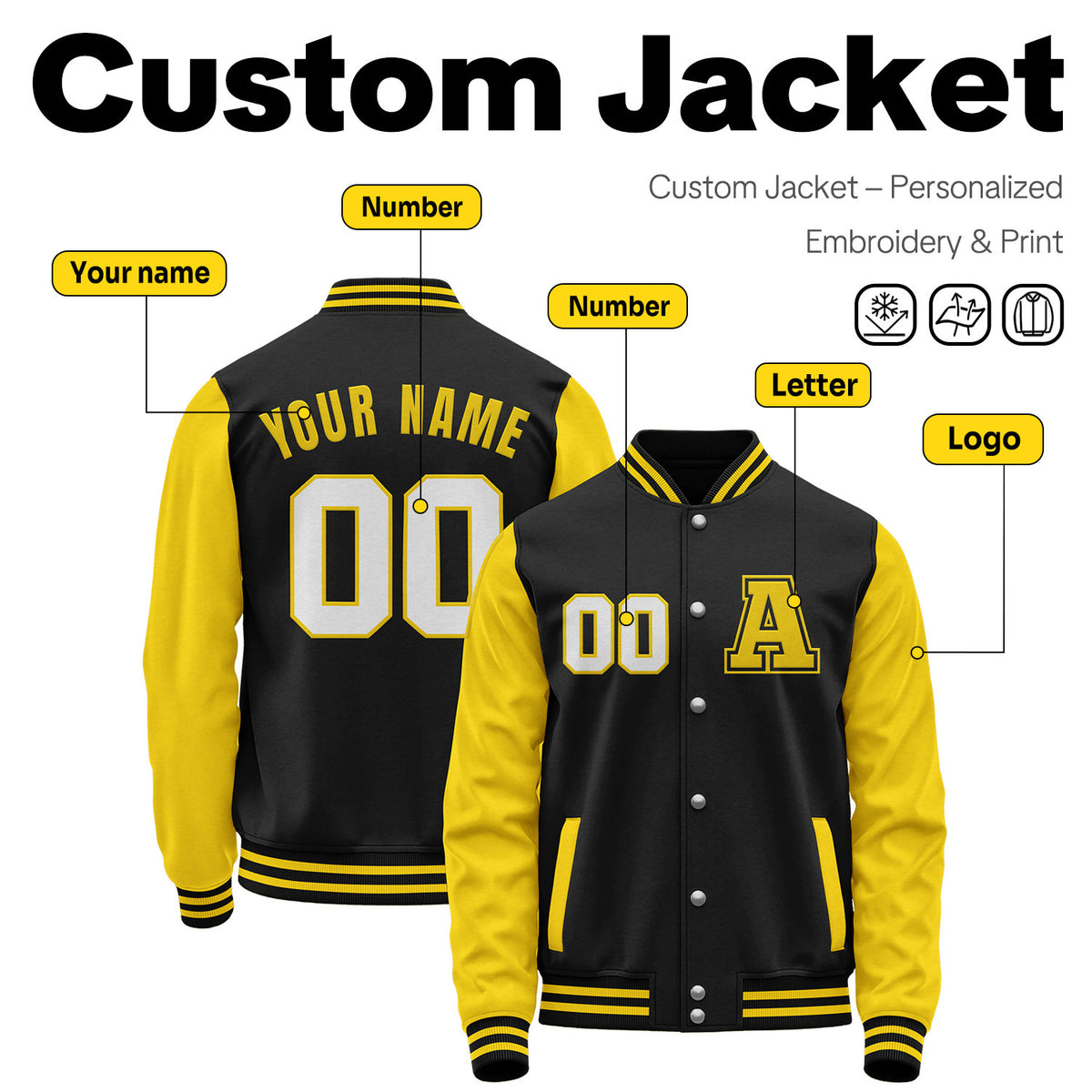 Custom Varsity Jacket with Stitched Name & Number | Black & Yellow Personalized Team Letterman Bomber