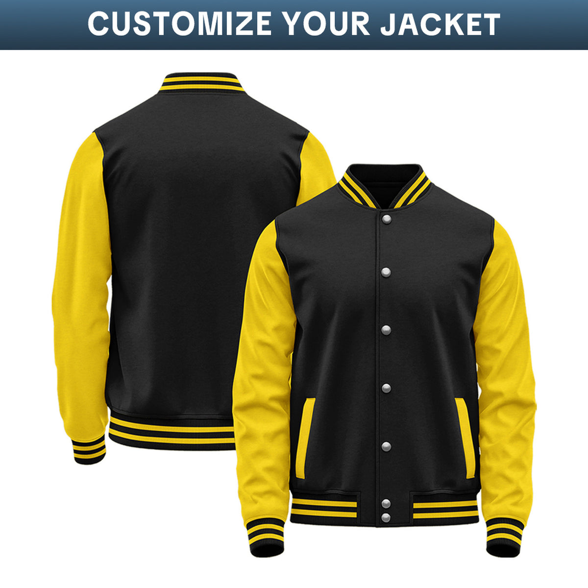 Custom Varsity Jacket with Stitched Name & Number | Black & Yellow Personalized Team Letterman Bomber
