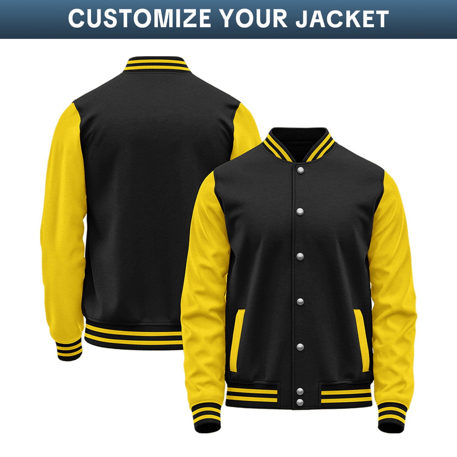 Custom Varsity Jacket with Stitched Name & Number | Black & Yellow Personalized Team Letterman Bomber