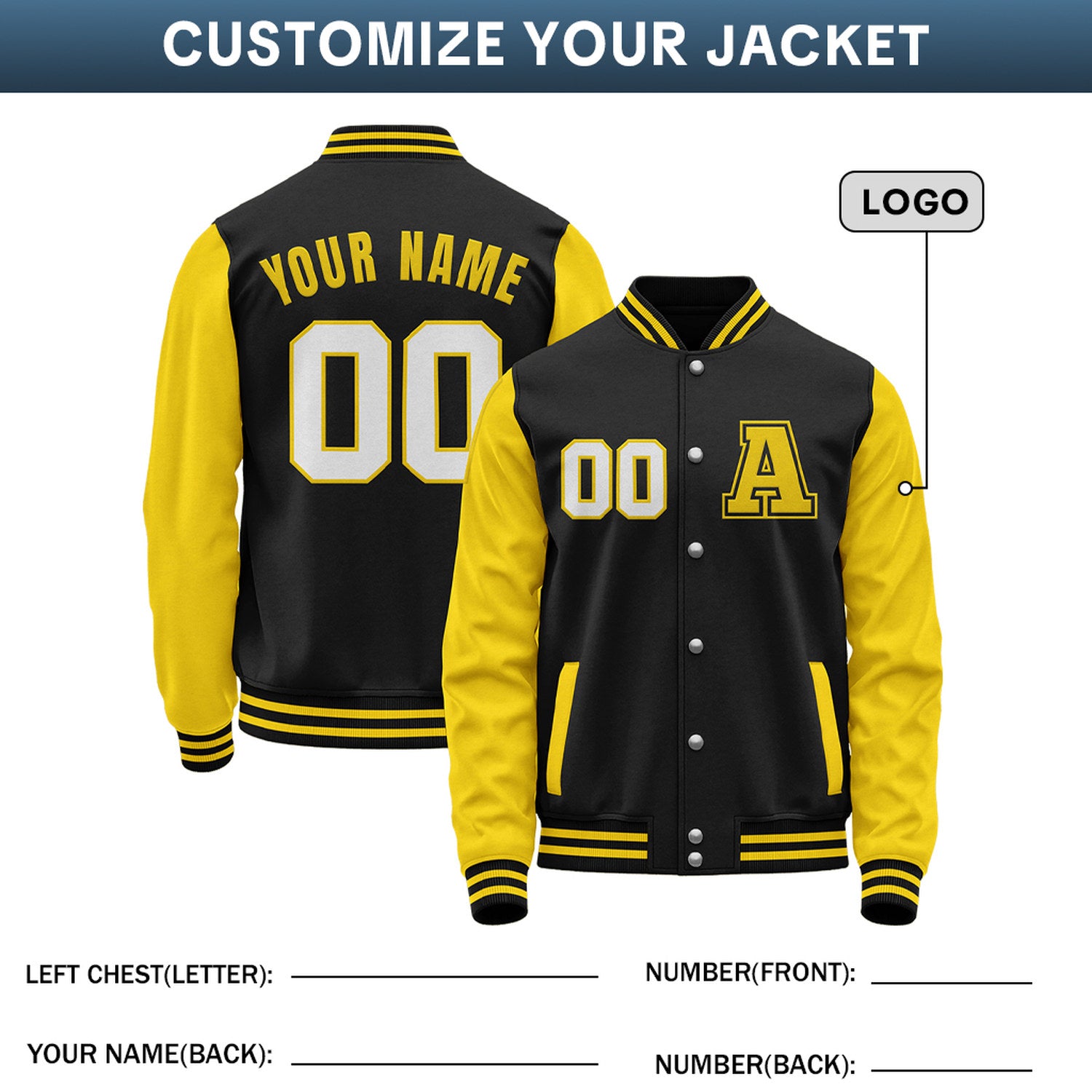 Custom Varsity Jacket with Stitched Name & Number | Black & Yellow Personalized Team Letterman Bomber