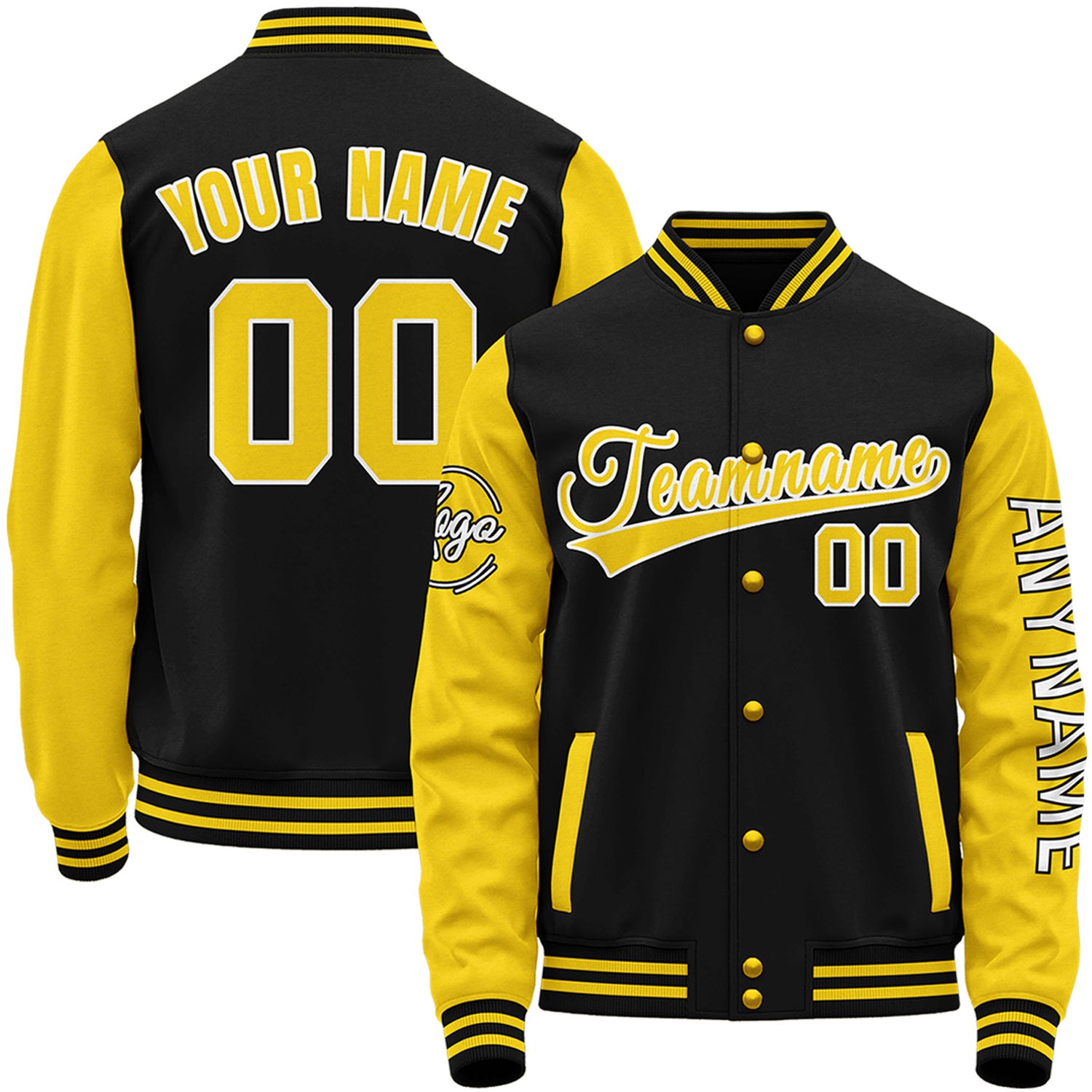 Custom black and yellow high school baseball team jackets by Vosoli with stitched name, number and logo. Classic varsity jacket for baseball and casual wear.