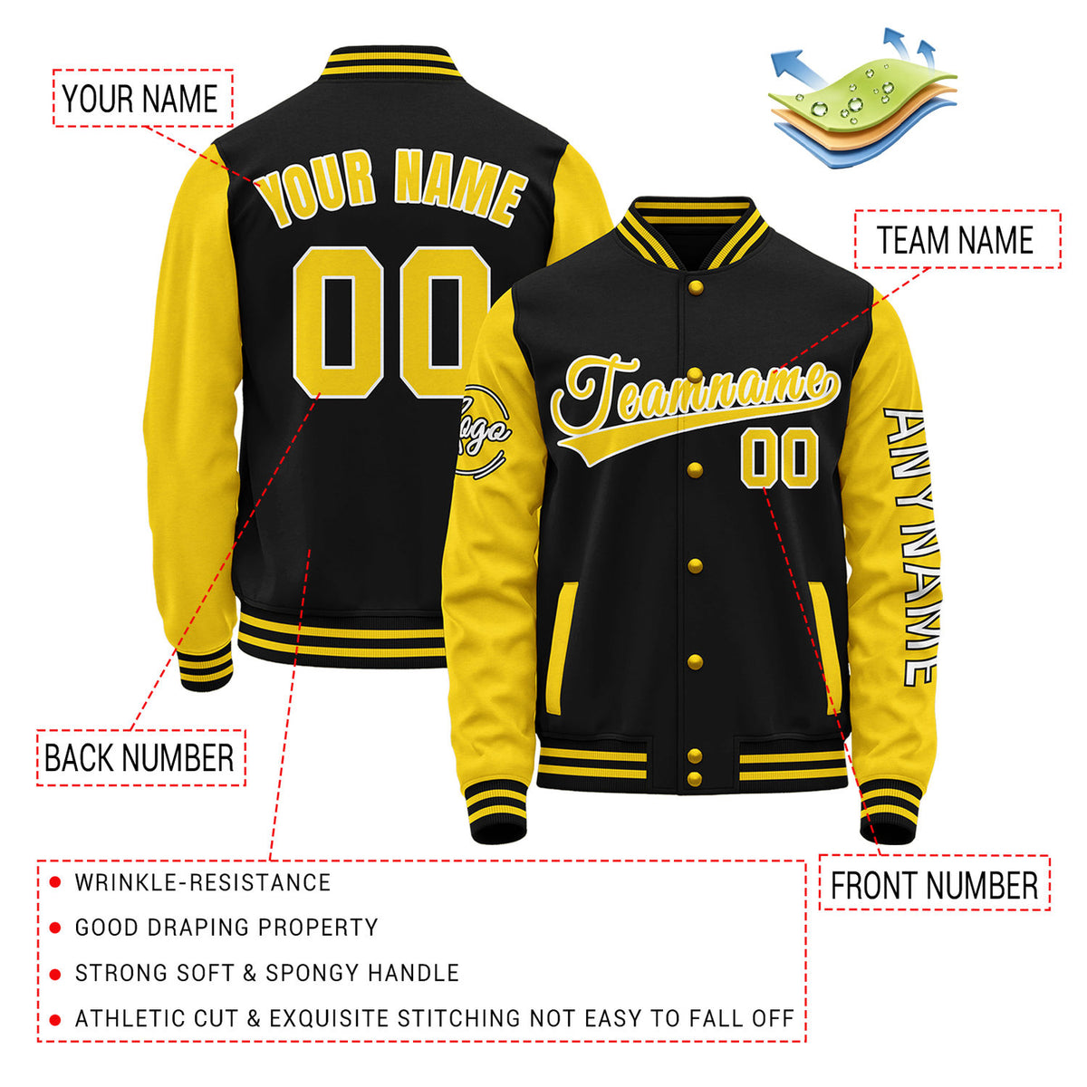 Custom Black & Yellow Two Tone Varsity Letterman Jacket | Personalized Stitched Team Name Number Outerwear