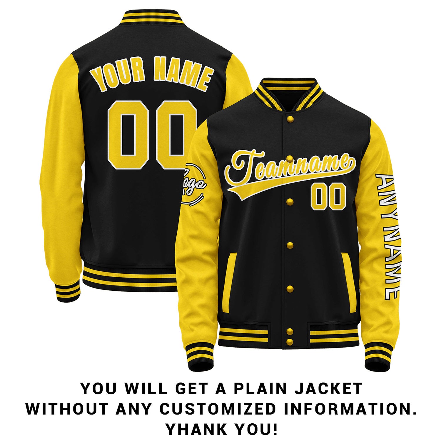Custom Black & Yellow Two Tone Varsity Letterman Jacket | Personalized Stitched Team Name Number Outerwear