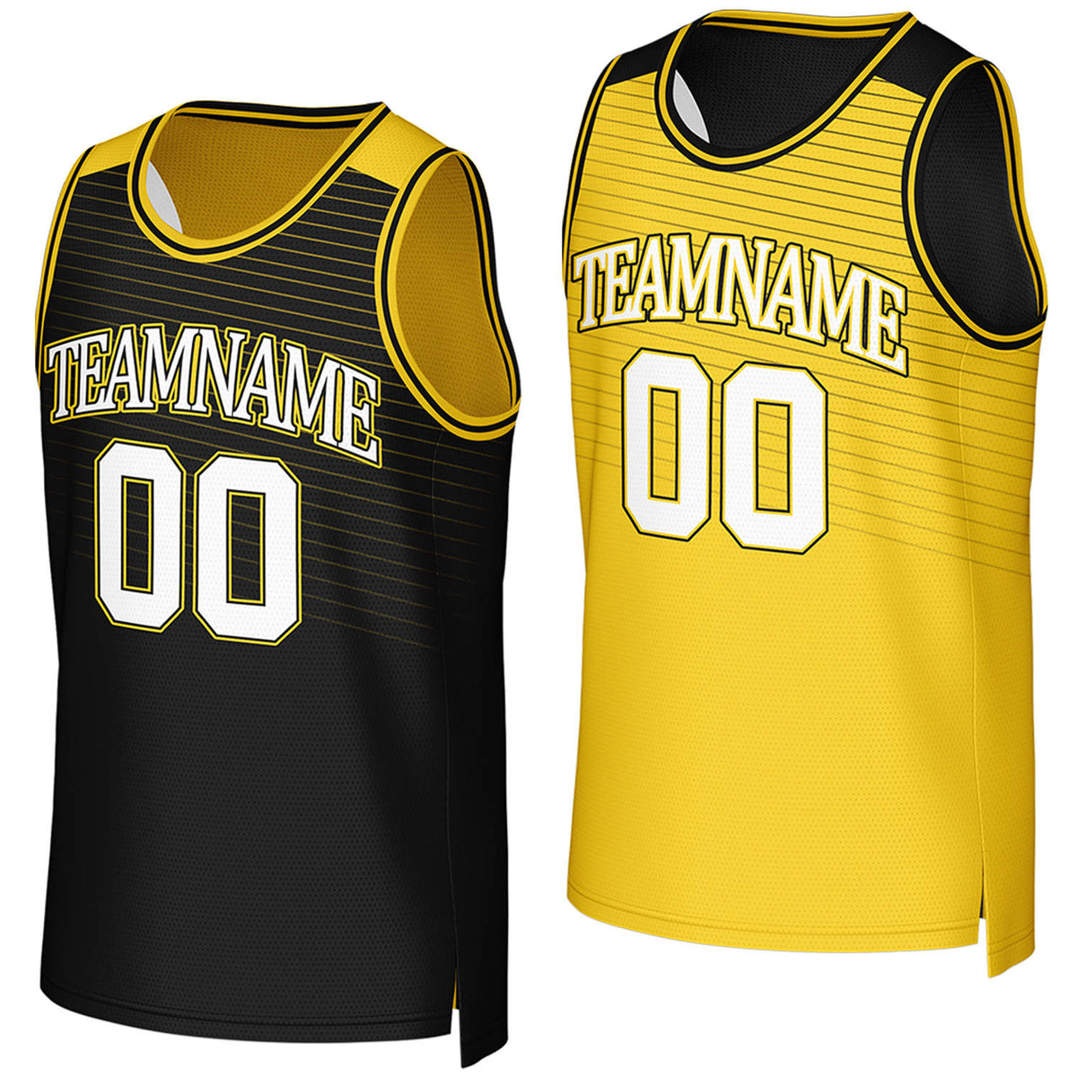 Custom black & yellow reversible basketball jersey by Vosoli. Personalized with team name, player name, number, and logo on both sides. Breathable mesh 2-in-1 jersey for high school, college, AAU teams.