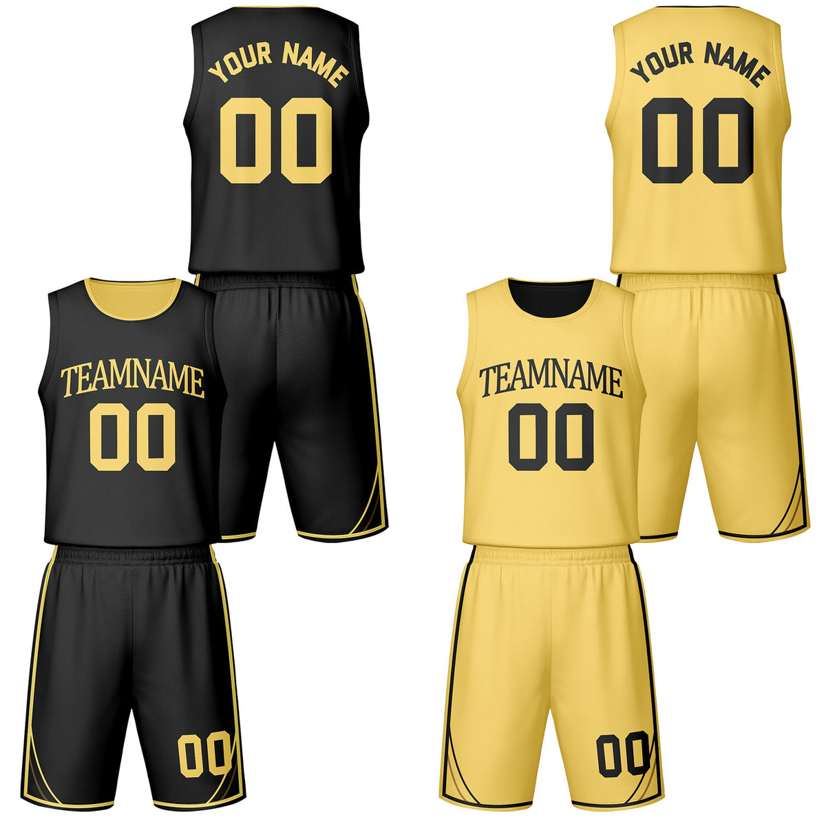 Custom black &amp; yellow reversible basketball jersey shorts set by Vosoli | Personalized team name number vintage uniform sportswear