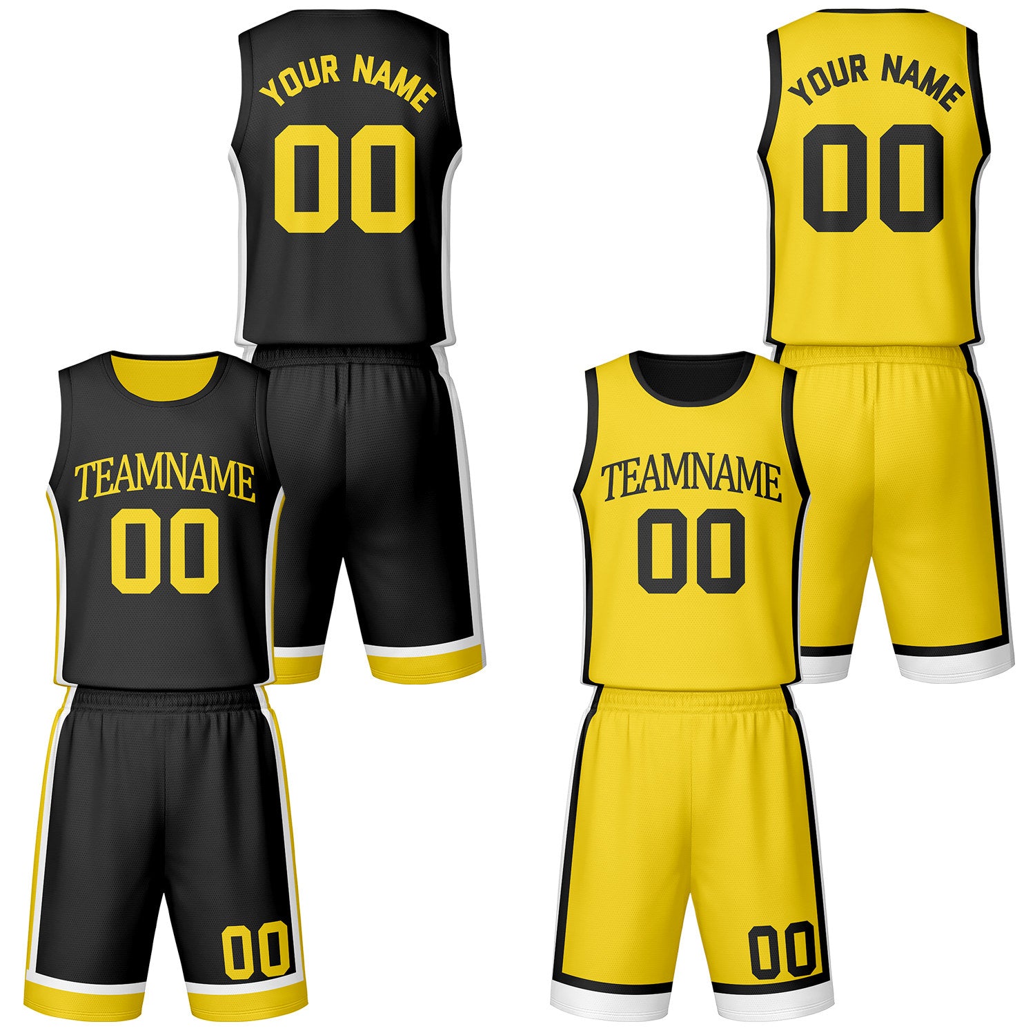 Custom black & yellow reversible basketball jersey shorts set by Vosoli | Personalized team name number vintage uniform sportswear