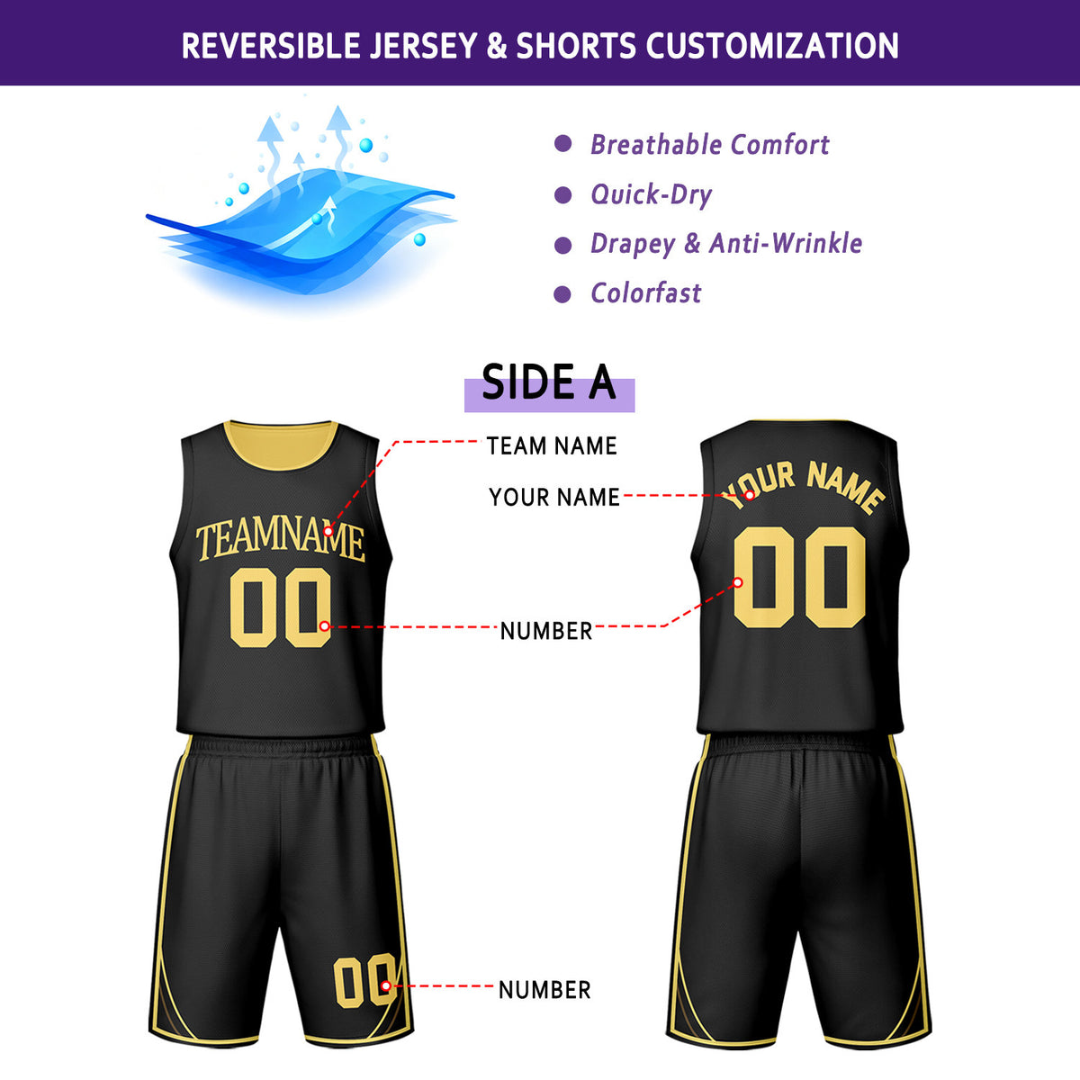 Custom Black & Yellow Reversible Basketball Jersey Shorts Set | Personalized Team Uniform