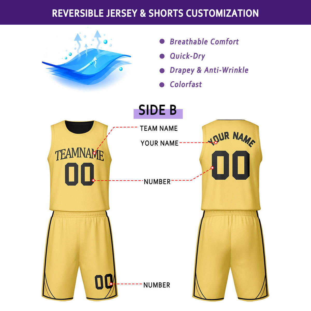 Custom Black & Yellow Reversible Basketball Jersey Shorts Set | Personalized Team Uniform