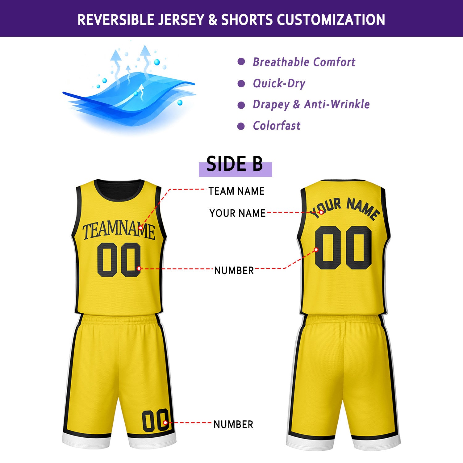 Custom Black & Yellow Reversible Basketball Jersey Shorts Set | Personalized Team Uniform