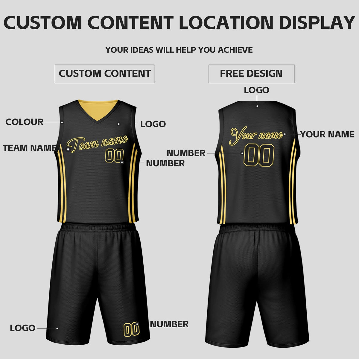 Custom Black & Yellow Reversible Basketball Jersey Shorts Set | Personalized Team Uniform