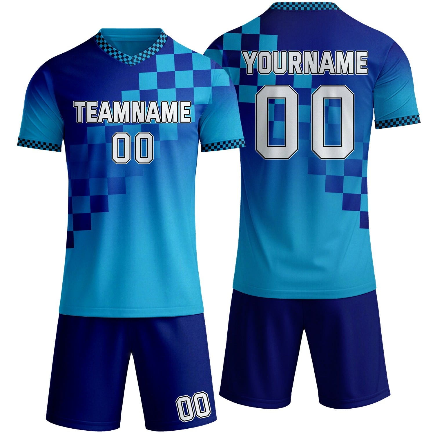 Custom blue & aqua checkerboard gradient soccer jersey set, personalized name number team logo, short-sleeve jersey with matching shorts sports uniform for men women youth adult game practice - Vosoli
