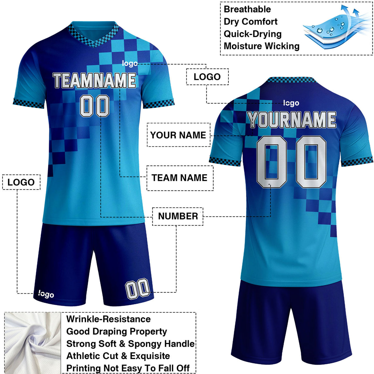 Custom Blue & Aqua Checkerboard Gradient Soccer Jersey Set | Personalized Team Uniform | Vosoli