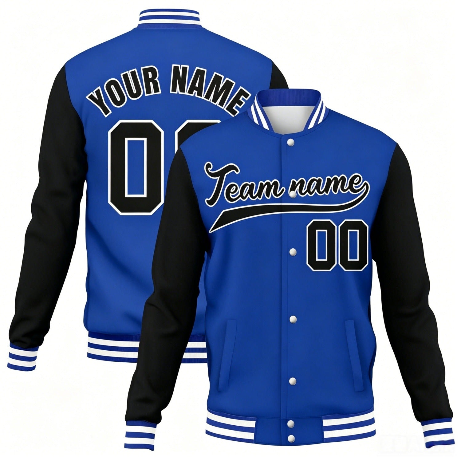 Custom blue-black contrast sleeve stitched varsity baseball jacket by Vosoli | Personalized team name & number jacket for youth & adults