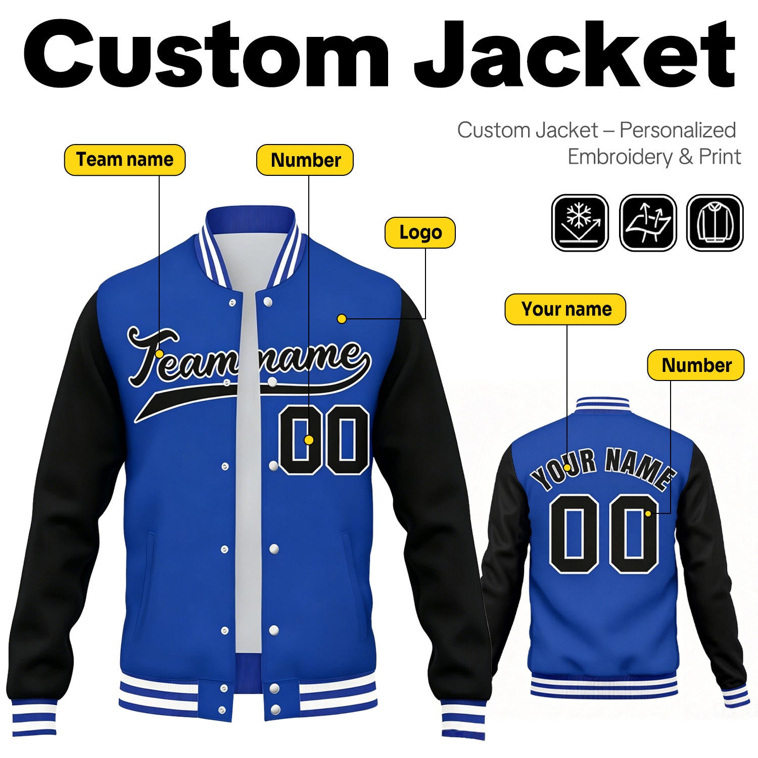 Custom Blue & Black Contrast Sleeve Varsity Baseball Jacket | Personalized Team Name & Number