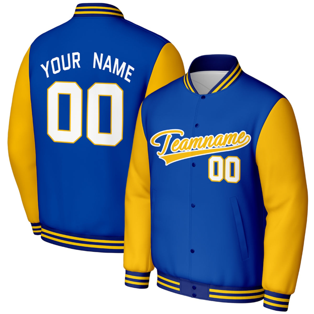 custom blue gold baseball jackets for players by Vosoli, personalized stitched name, number &amp; logo, classic button up varsity letterman jacket for baseball players and casual wear