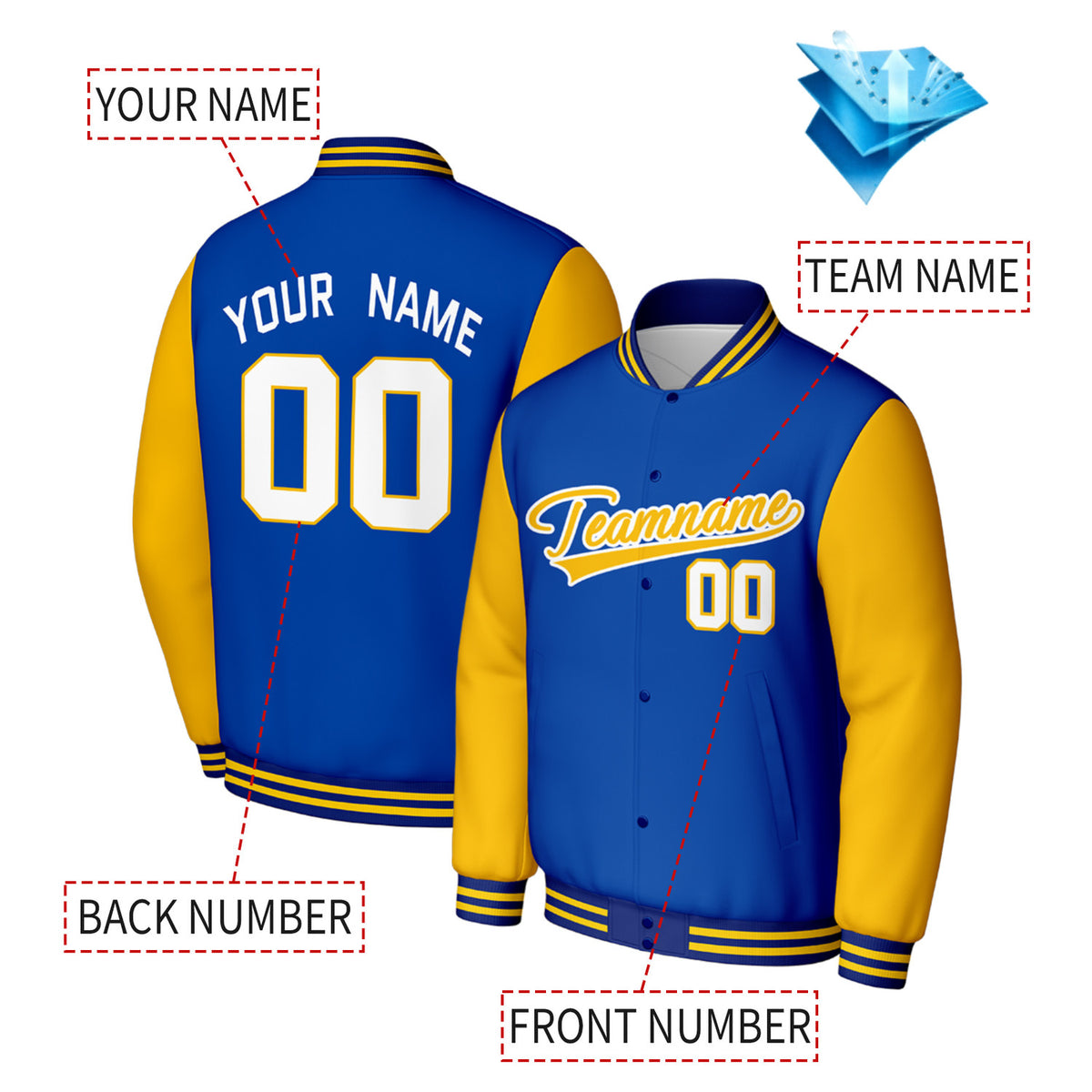 Custom Blue & Gold Varsity Baseball Jacket | Personalized Jacket with Stitched Name & Number for Adult & Youth