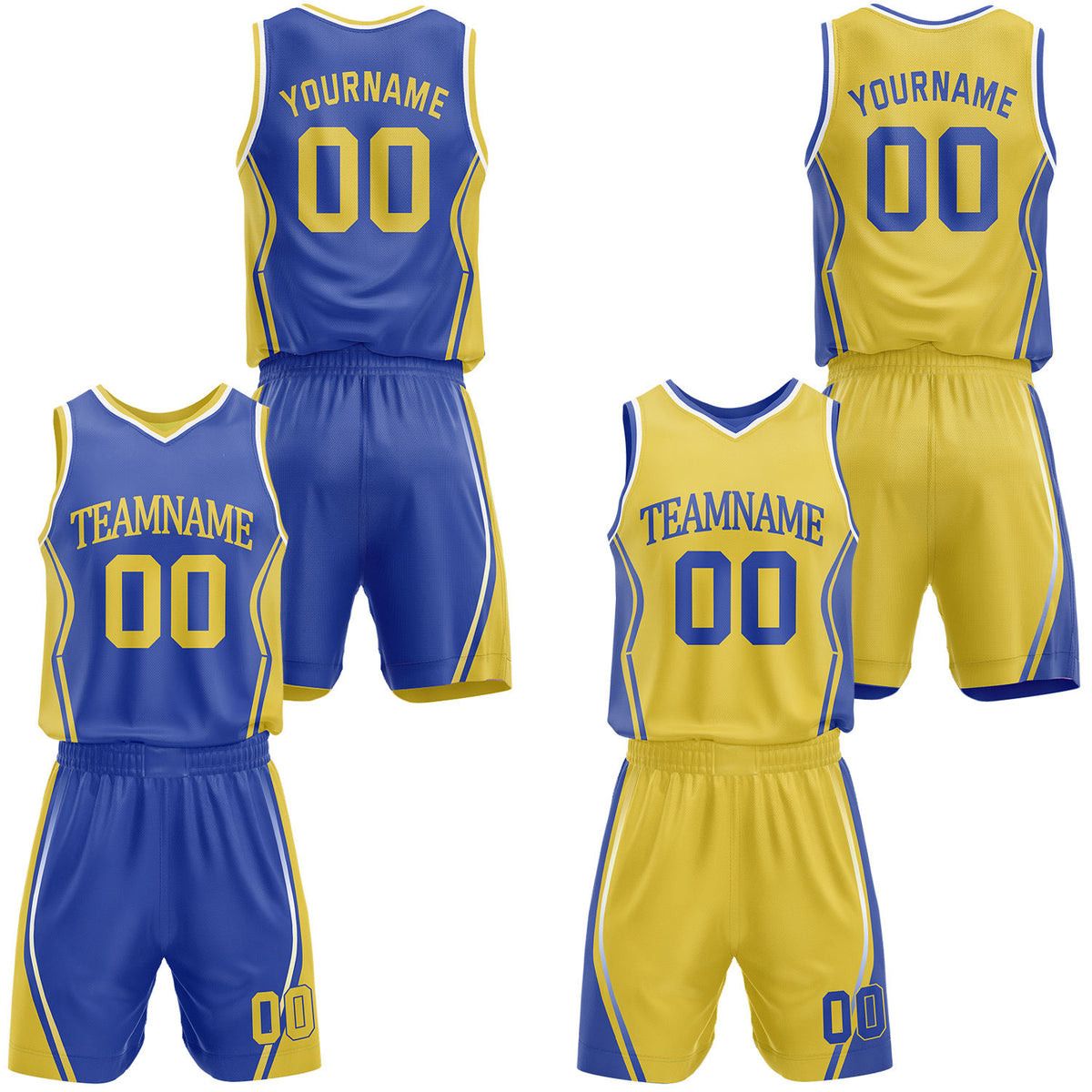 Custom blue &amp; gold reversible basketball jersey shorts set by Vosoli | Personalized block team name number geometric uniform sportswear