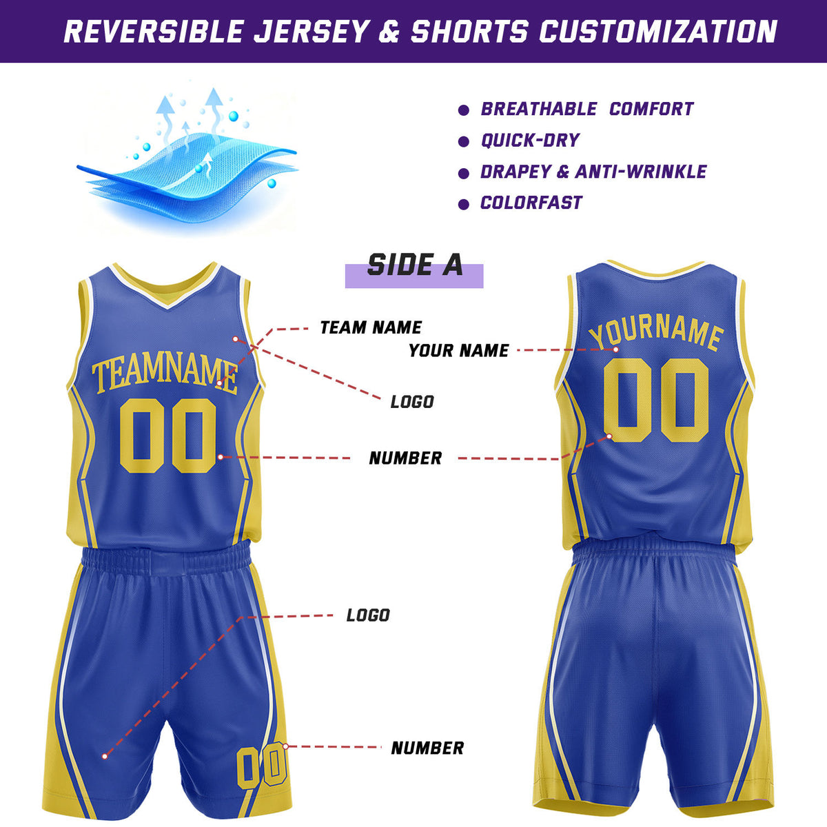 Custom Blue & Gold Reversible Geometric Basketball Jersey Shorts Set | Personalized Team Uniform
