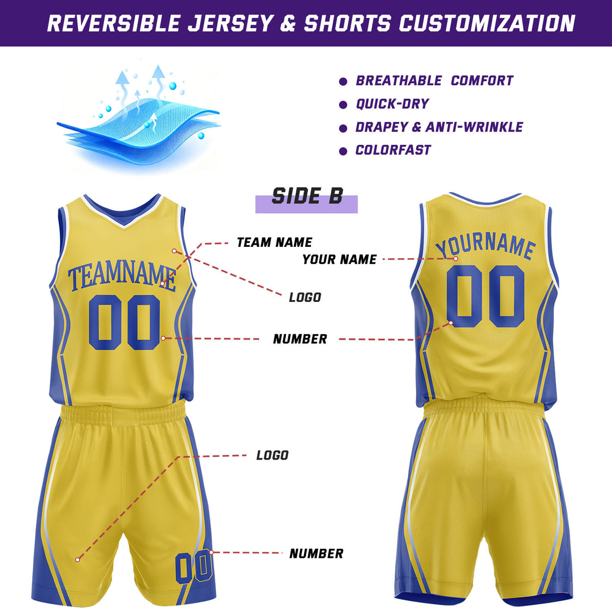 Custom Blue & Gold Reversible Geometric Basketball Jersey Shorts Set | Personalized Team Uniform