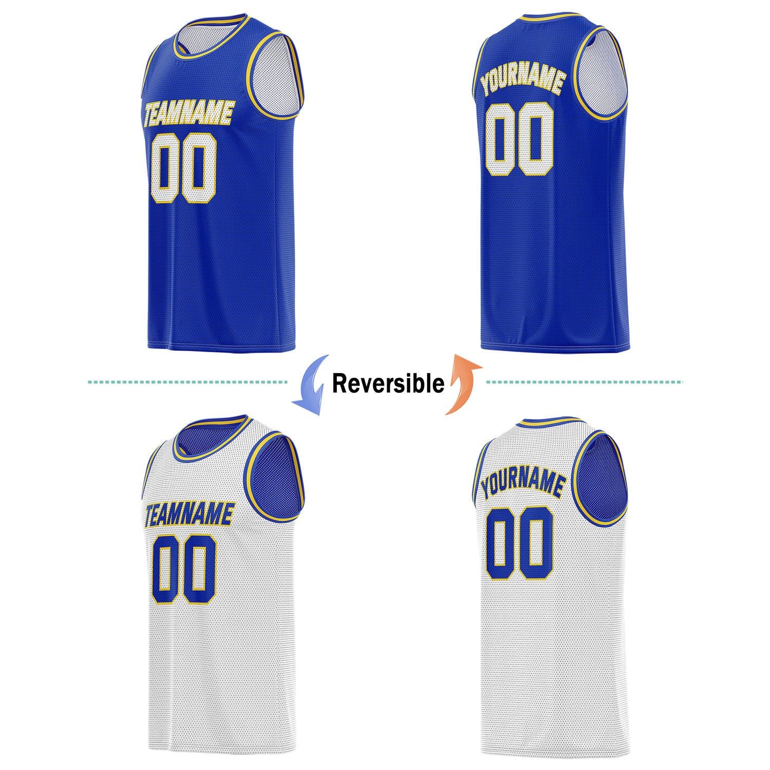 Custom Blue, Gold & White Reversible Basketball Jersey | Personalized Team Name & Number - Vosoli