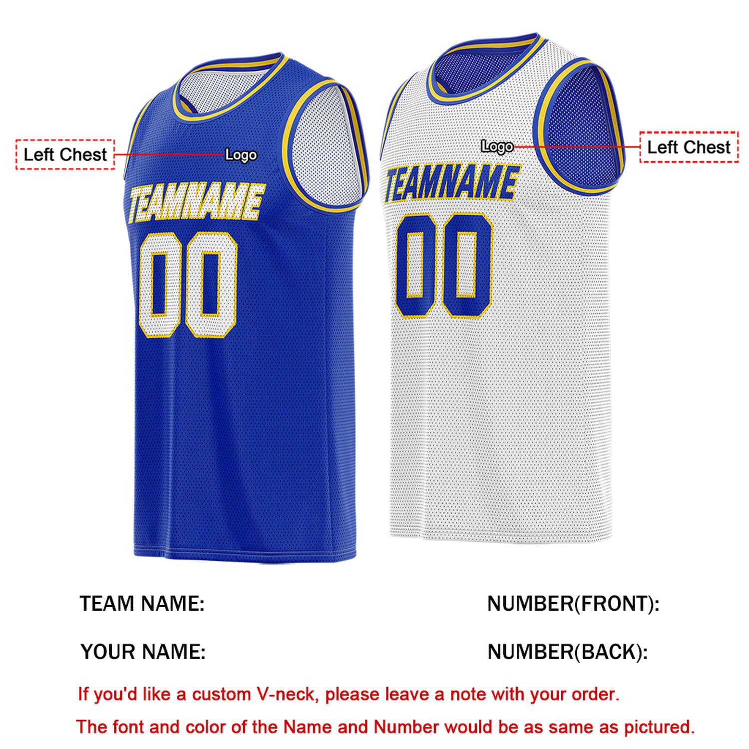 Custom Blue, Gold & White Reversible Basketball Jersey | Personalized Team Name & Number - Vosoli