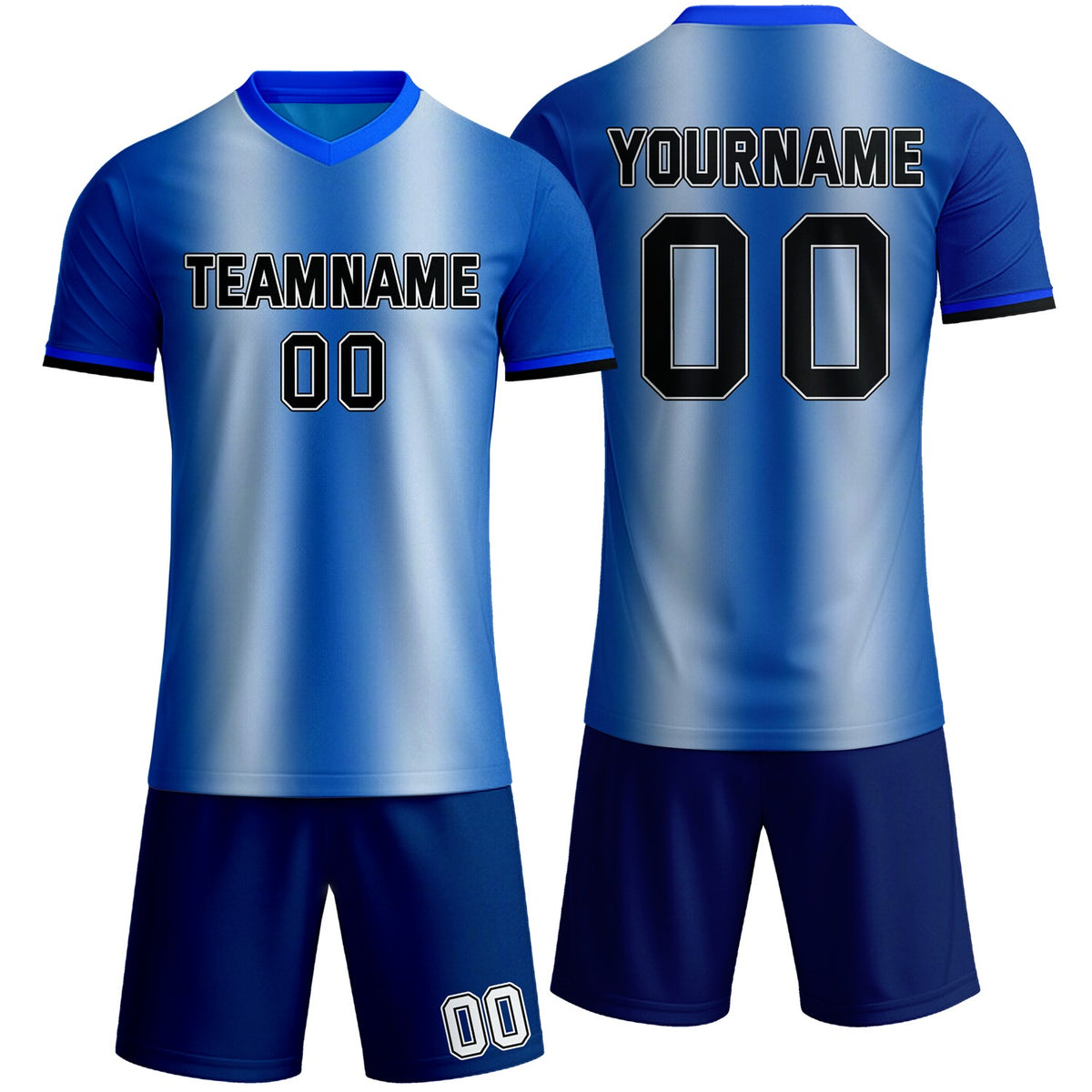 Custom blue gradient soccer jersey set, personalized name number team logo, short-sleeve jersey with matching shorts sports uniform for men women youth adult game practice - Vosoli