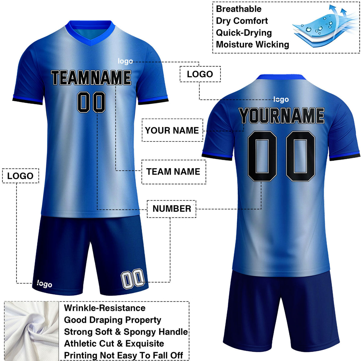 Custom Blue Gradient Soccer Jersey Set | Personalized Team Uniform | Vosoli