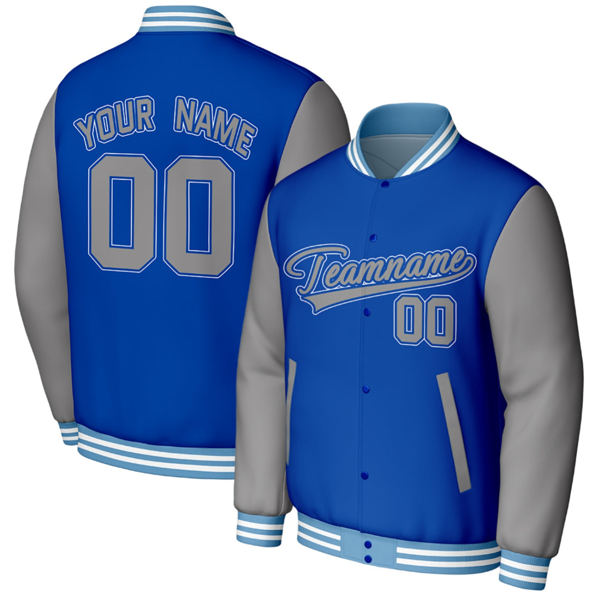 custom blue gray baseball jackets for tournaments by Vosoli, personalized stitched name, number &amp; logo, classic button up varsity letterman jacket for tournaments and casual wear