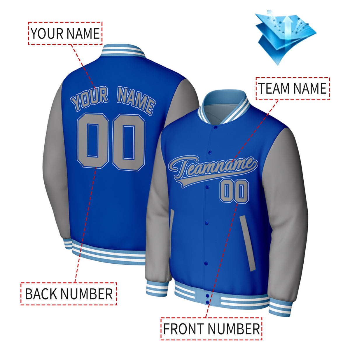 Custom Blue & Gray Varsity Baseball Jacket | Personalized Jacket with Stitched Name & Number for Adult & Youth
