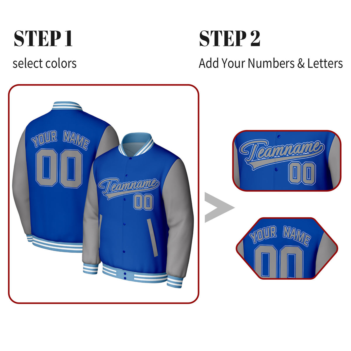 Custom Blue & Gray Varsity Baseball Jacket | Personalized Jacket with Stitched Name & Number for Adult & Youth