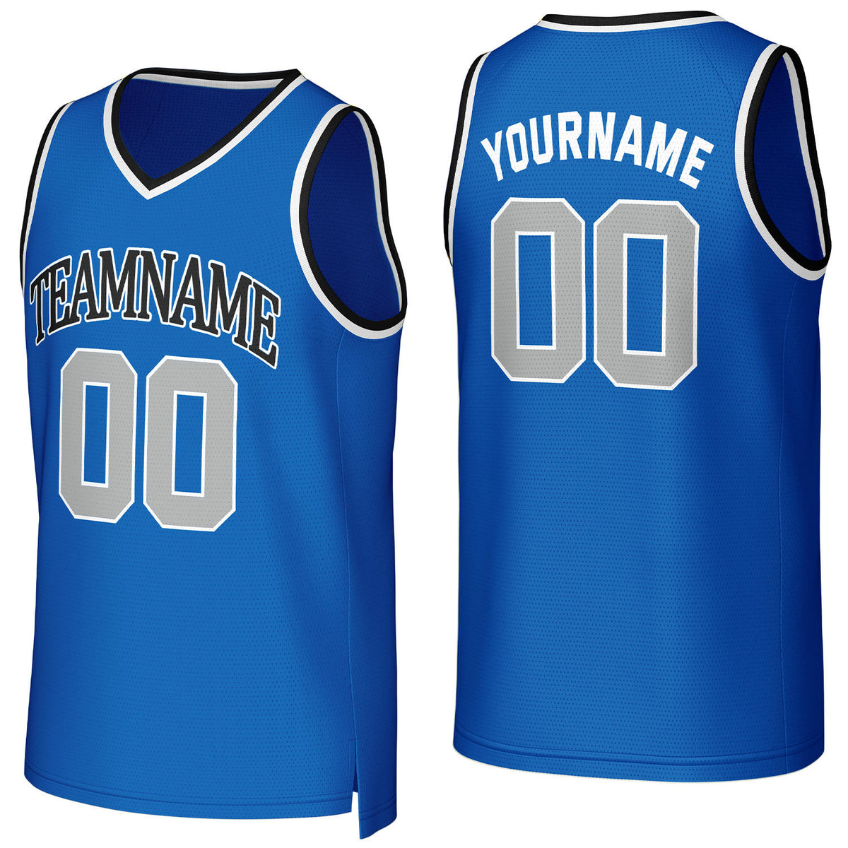 Custom blue &amp; gray basketball jersey by Vosoli | Personalized stitched team name, number &amp; logo | Breathable mesh sport jersey
