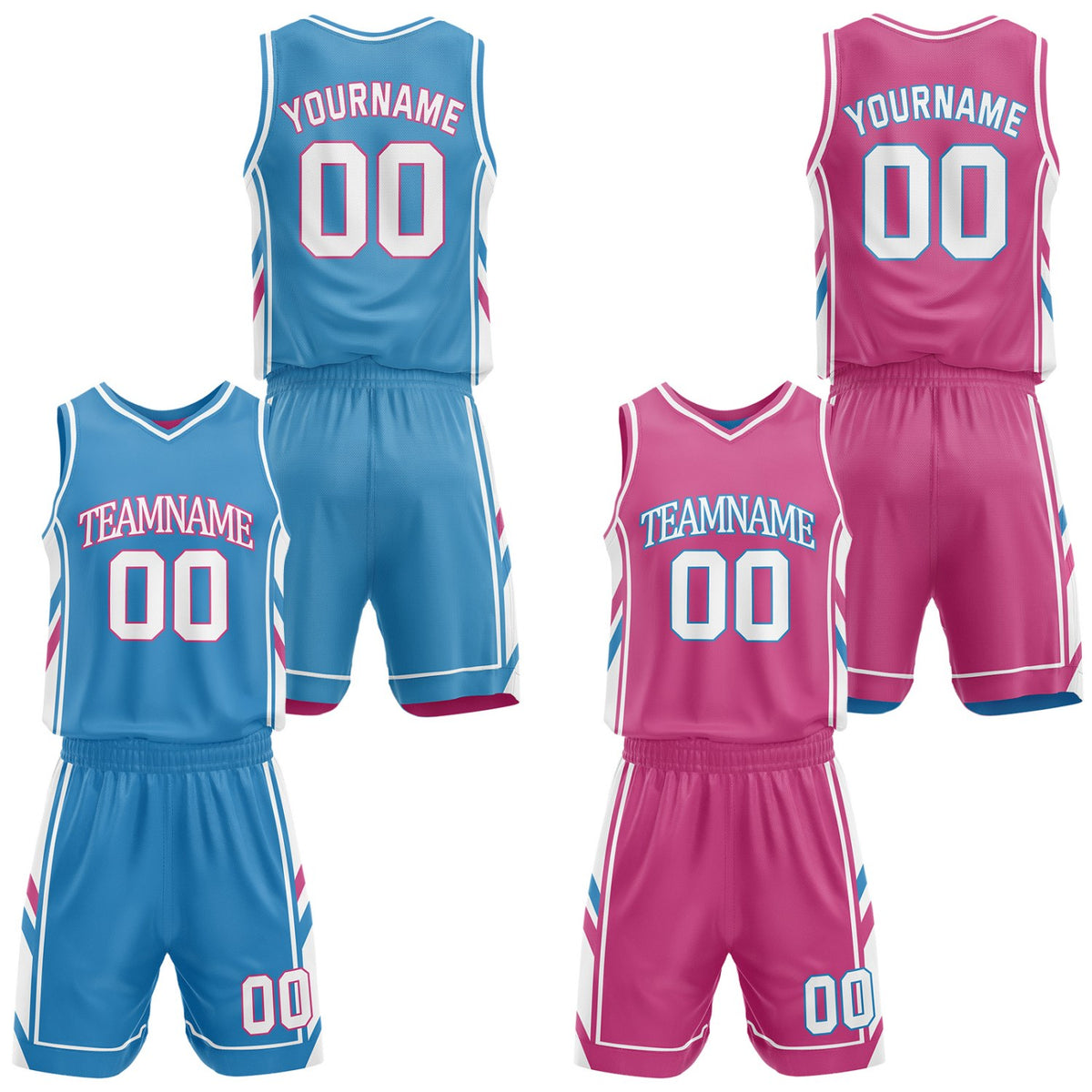 Custom blue &amp; hot pink reversible basketball uniform set by Vosoli | Personalized team name, number &amp; logo | Breathable mesh jersey and shorts sport set