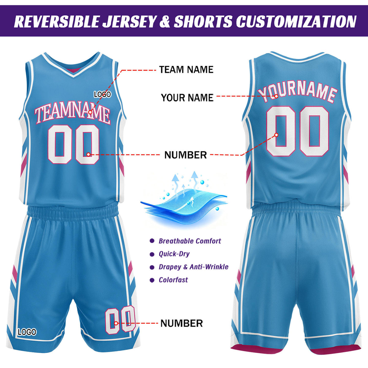 Custom Blue & Hot Pink Reversible Basketball Uniform Set | Personalized Name Number Mesh Jersey Shorts Kit