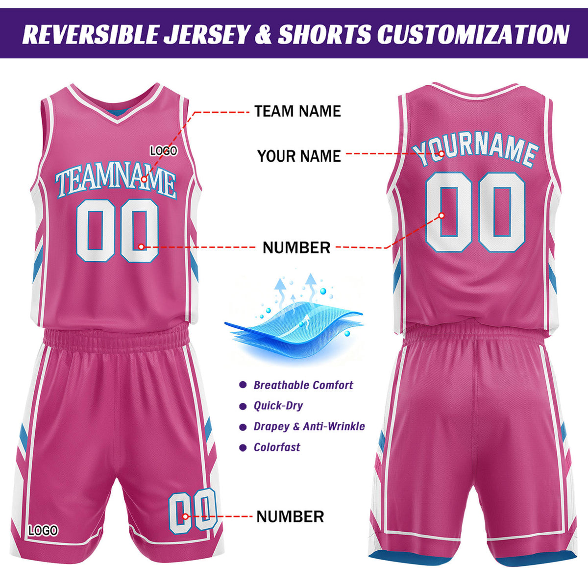 Custom Blue & Hot Pink Reversible Basketball Uniform Set | Personalized Name Number Mesh Jersey Shorts Kit