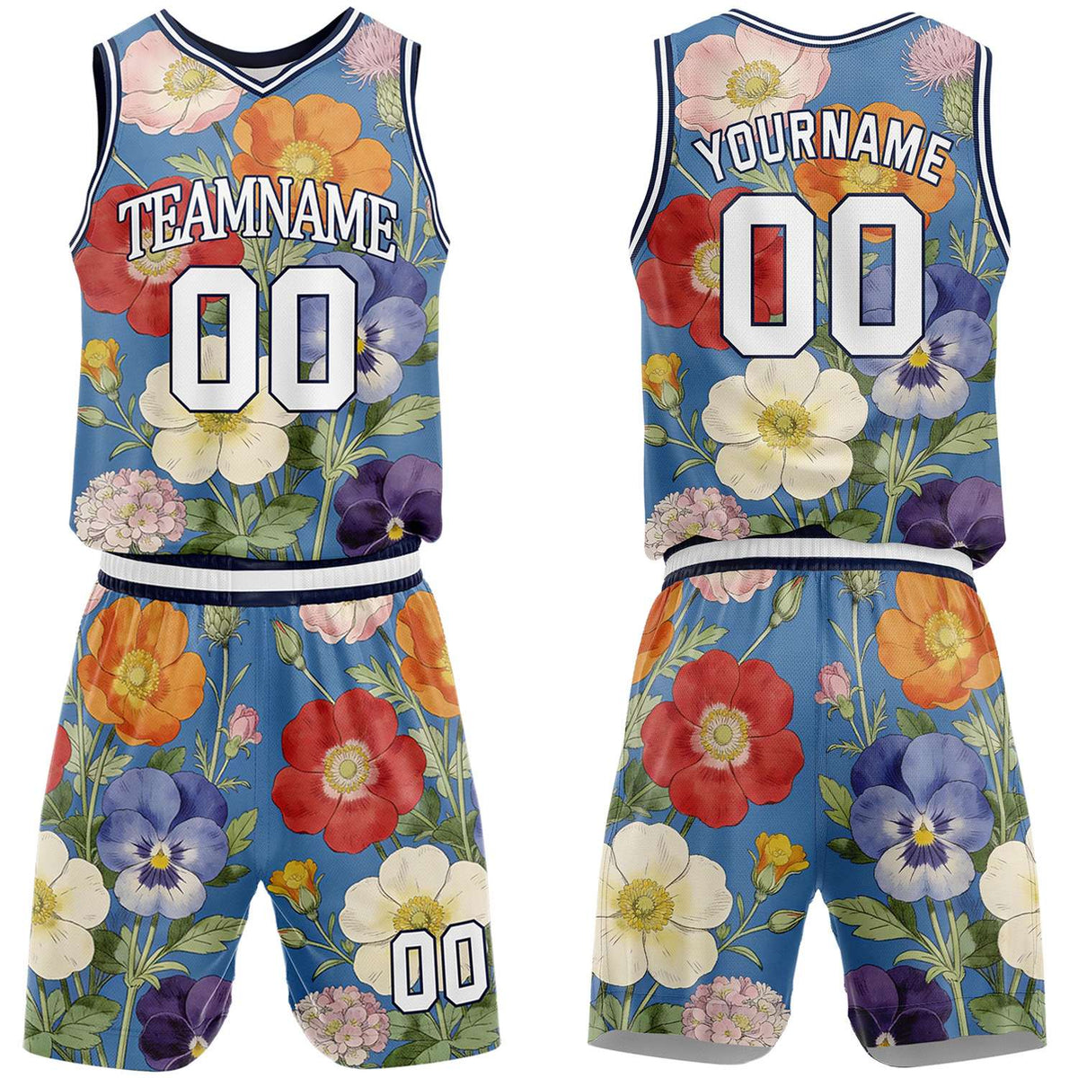 Custom blue multi-flower basketball jersey &amp; shorts set by Vosoli | Personalized team name &amp; number sportswear