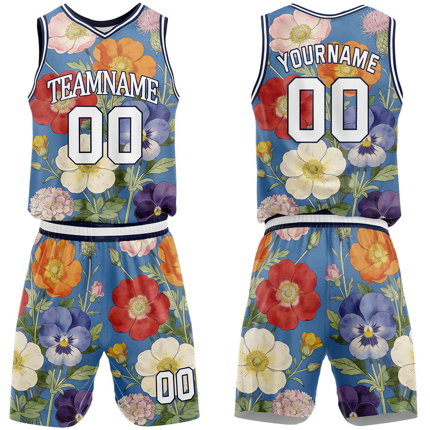 Custom blue multi-flower basketball jersey & shorts set by Vosoli | Personalized team name & number sportswear