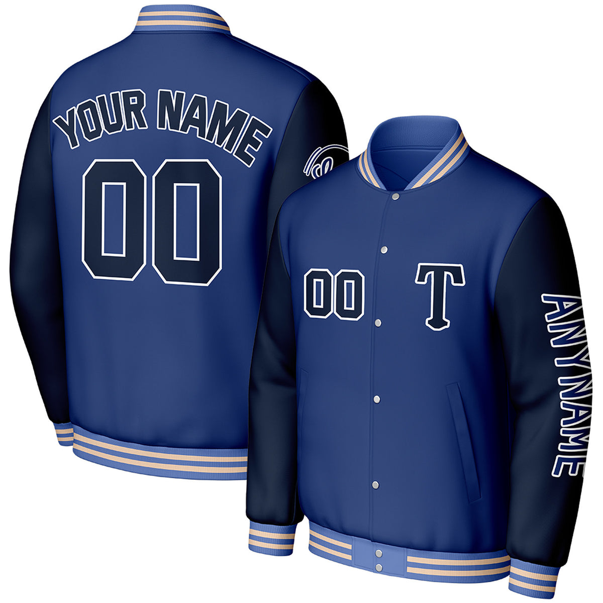 custom blue navy travel baseball outerwear by Vosoli, personalized stitched name, number &amp; logo, classic button up varsity letterman jacket for baseball travel team and casual wear