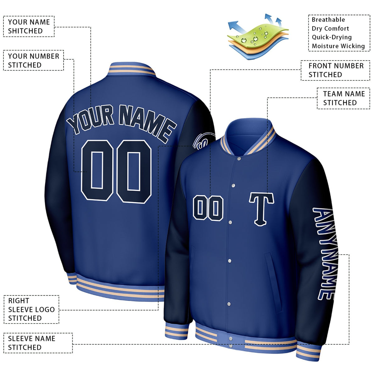 Custom Blue & Navy Varsity Baseball Jacket | Personalized Letterman Baseball Bomber for Adult & Youth