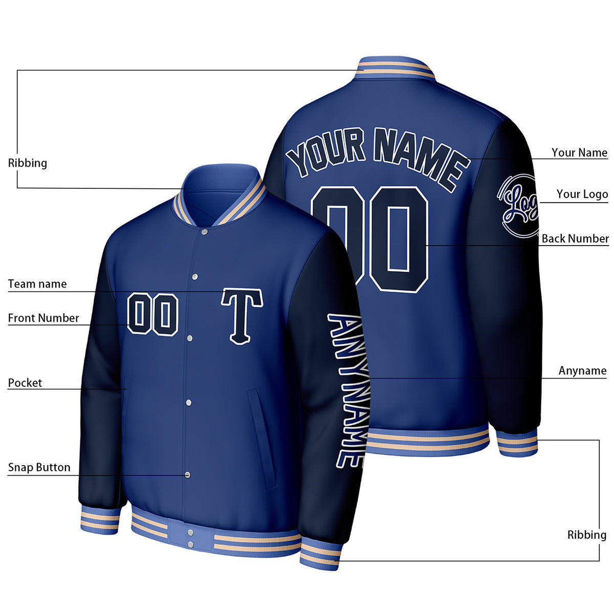 Custom Blue & Navy Varsity Baseball Jacket | Personalized Letterman Baseball Bomber for Adult & Youth