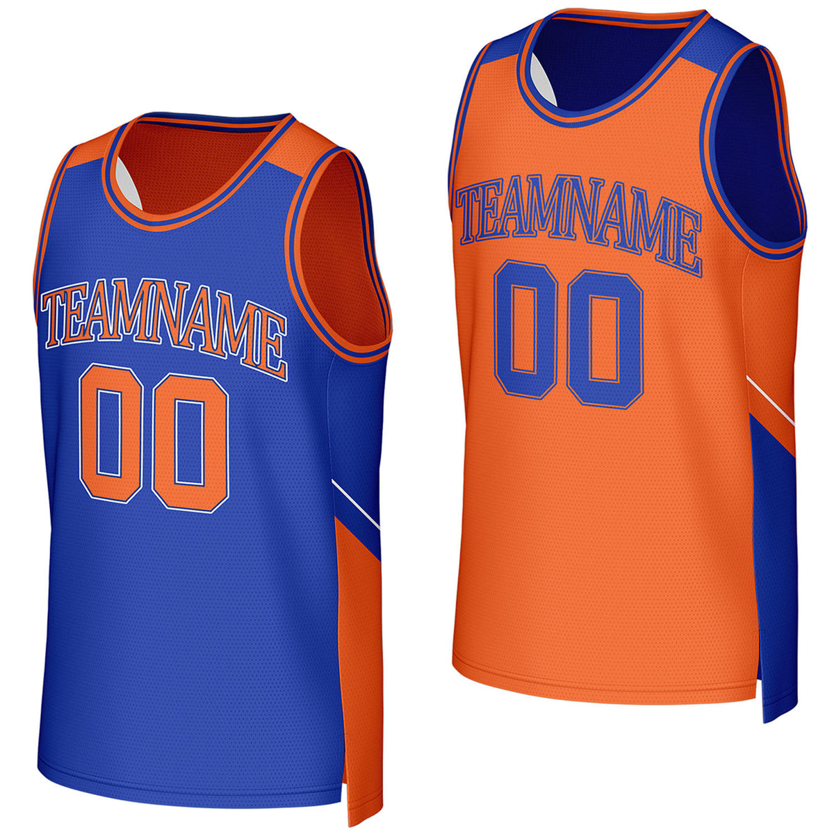 Custom blue & orange reversible basketball jersey by Vosoli. Personalized with team name, player name, number, and logo on both sides. Breathable mesh 2-in-1 jersey for high school, college, AAU teams.