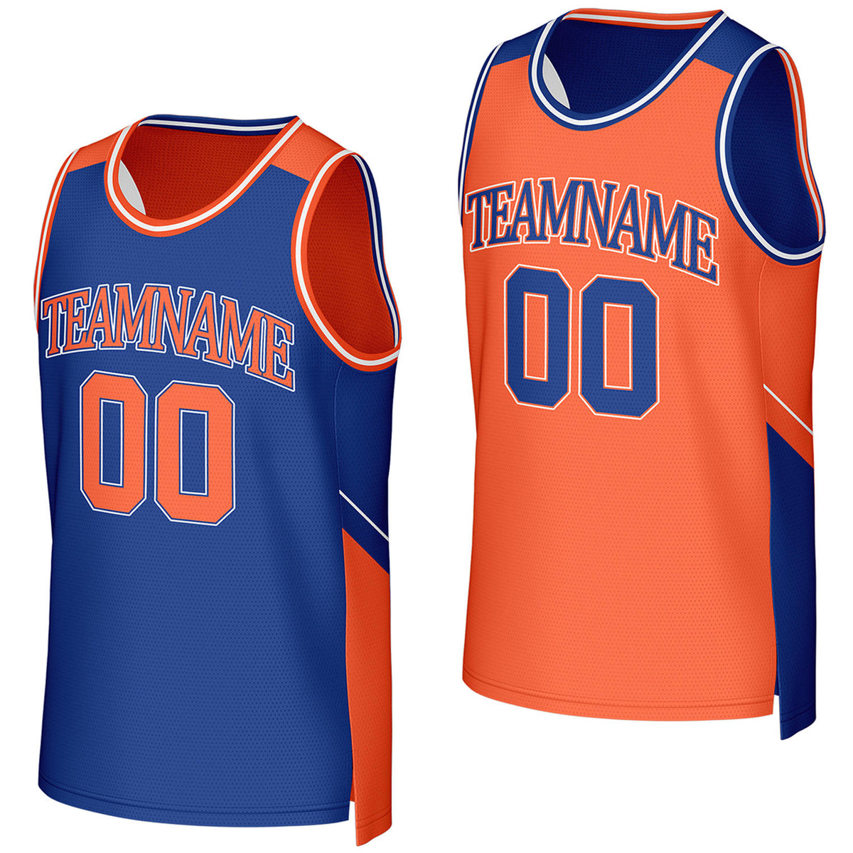 Custom blue & orange reversible basketball jersey by Vosoli. Personalized with team name, player name, number, and logo on both sides. Breathable mesh 2-in-1 jersey for high school, college, AAU teams.