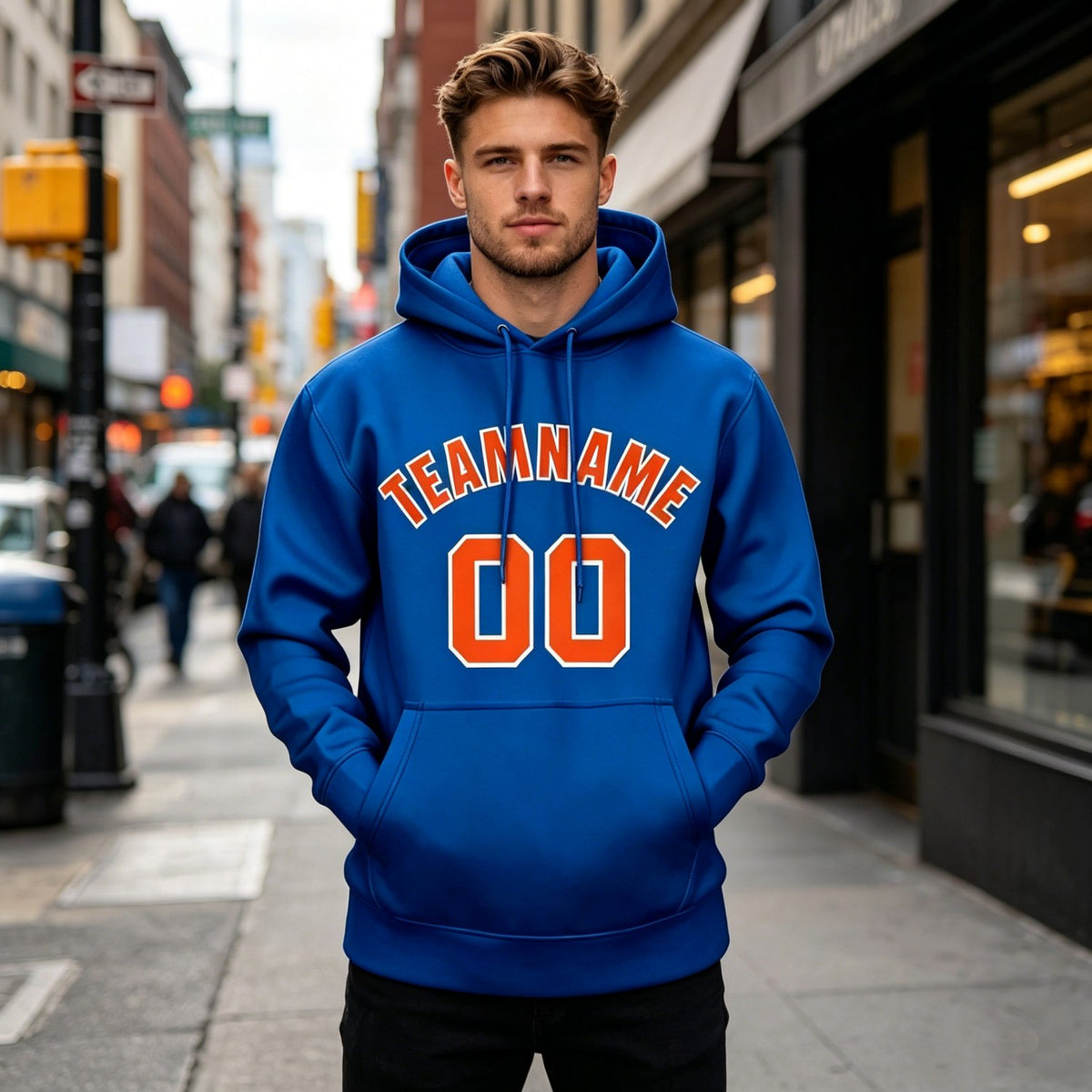 Custom Blue & Orange Hoodie | Personalized Name & Number Sports Pullover | Vosoli