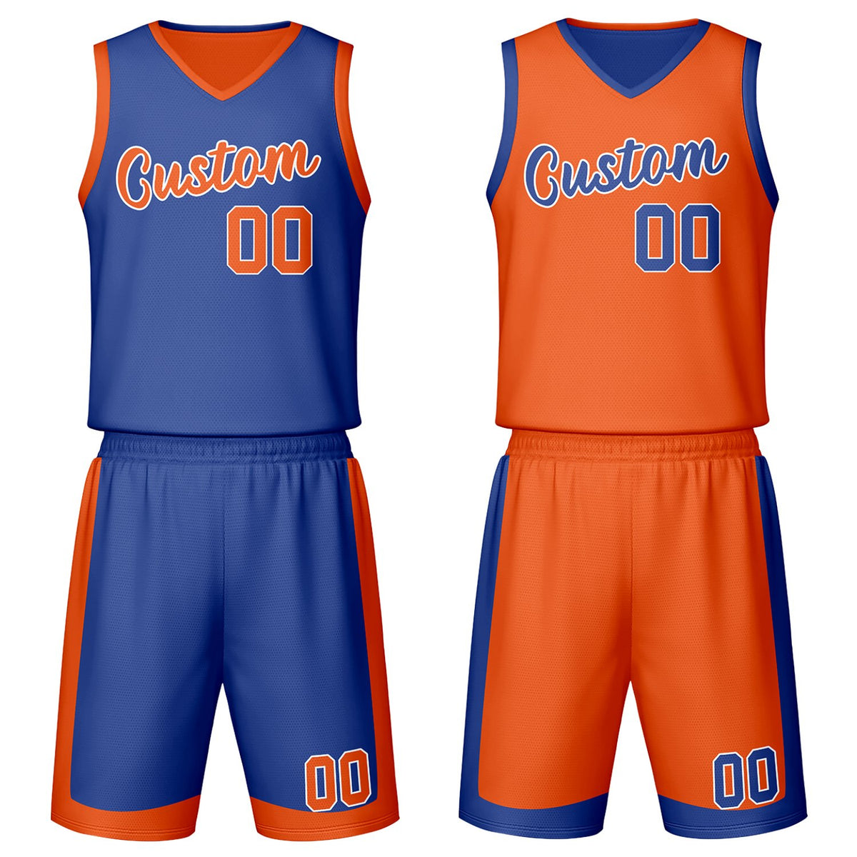 Custom blue &amp; orange reversible basketball jersey set with shorts by Vosoli | Personalized team name, number &amp; logo | Breathable mesh sport jersey uniform