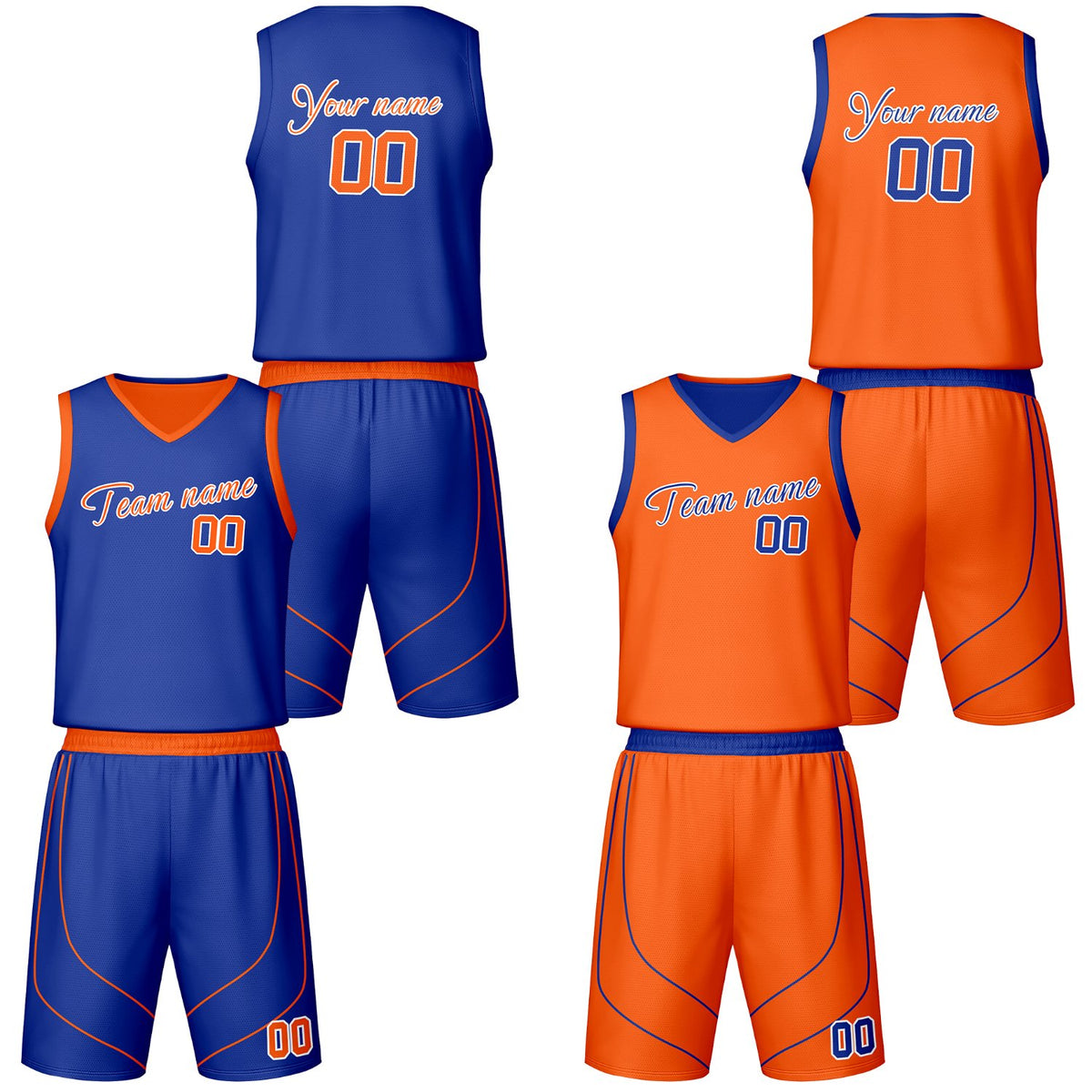 Custom blue &amp; orange reversible basketball jersey shorts set by Vosoli | Personalized script team name number vintage uniform sportswear