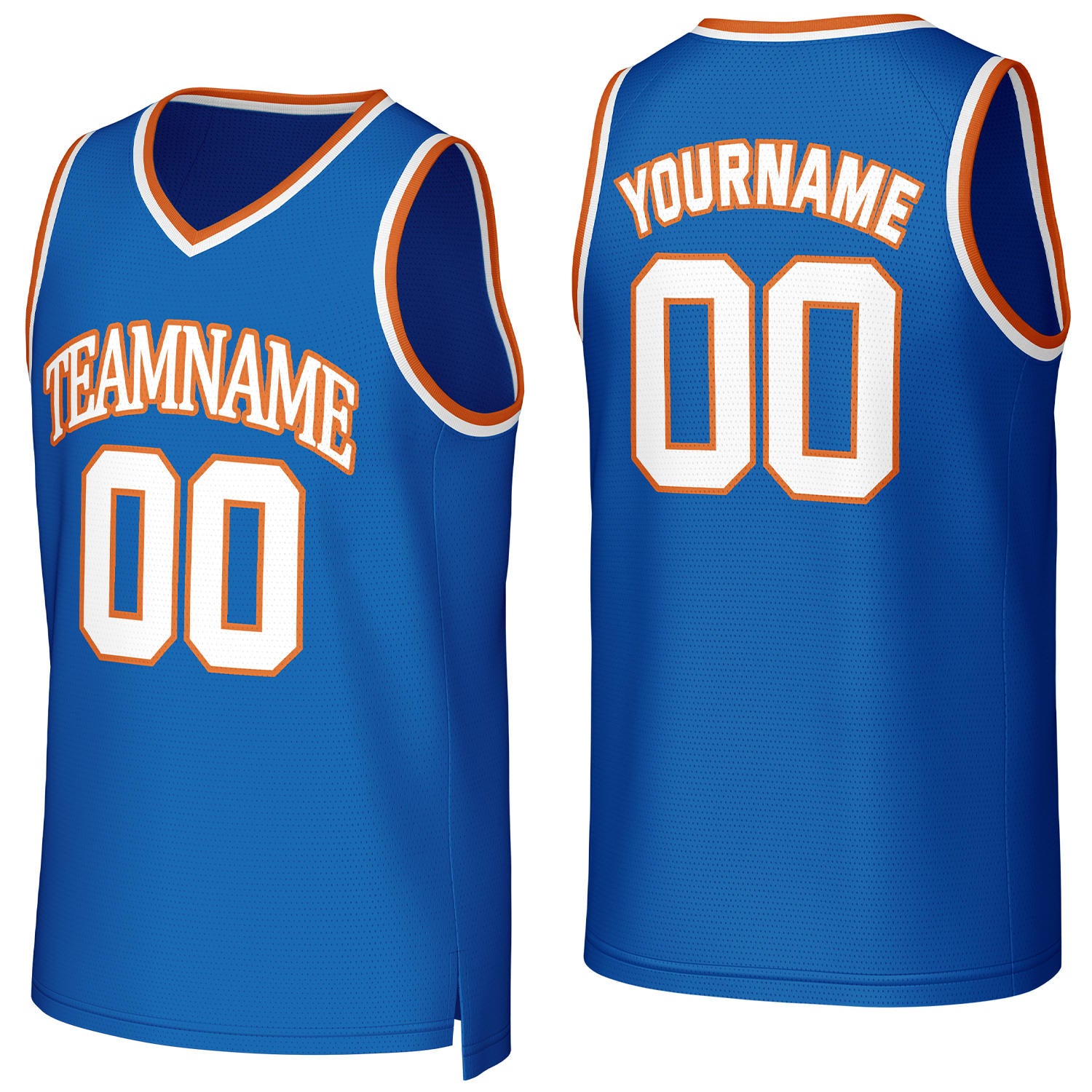 Custom blue & orange basketball jersey by Vosoli | Personalized stitched team name, number & logo | Breathable mesh sport jersey