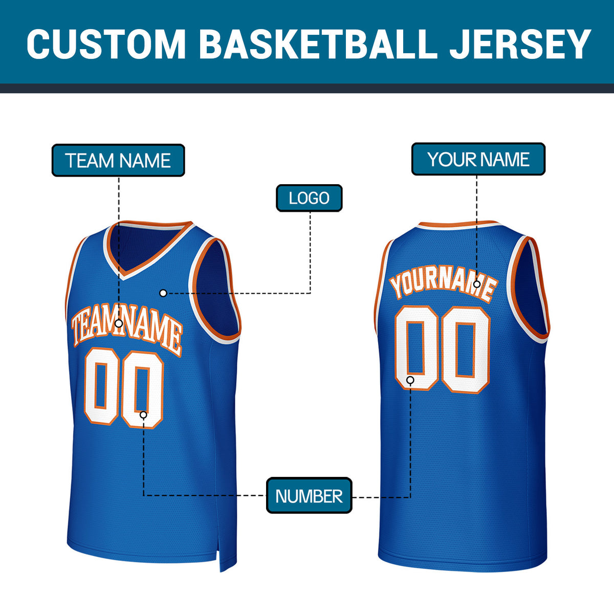 Custom Blue Orange Stitched Basketball Jersey | Personalized Name Number Logo Mesh Sports Jersey